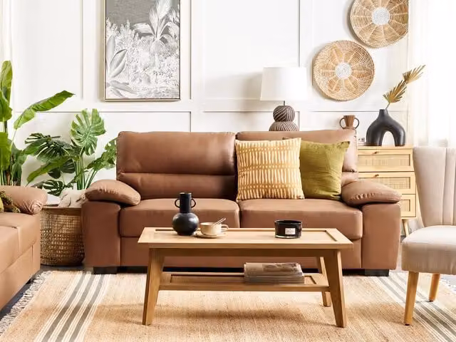 Divano 3 posti Beliani in finta pelle marrone stile moderno per soggiorno L: 195 cm, P: 74 cm, H: 90 cm