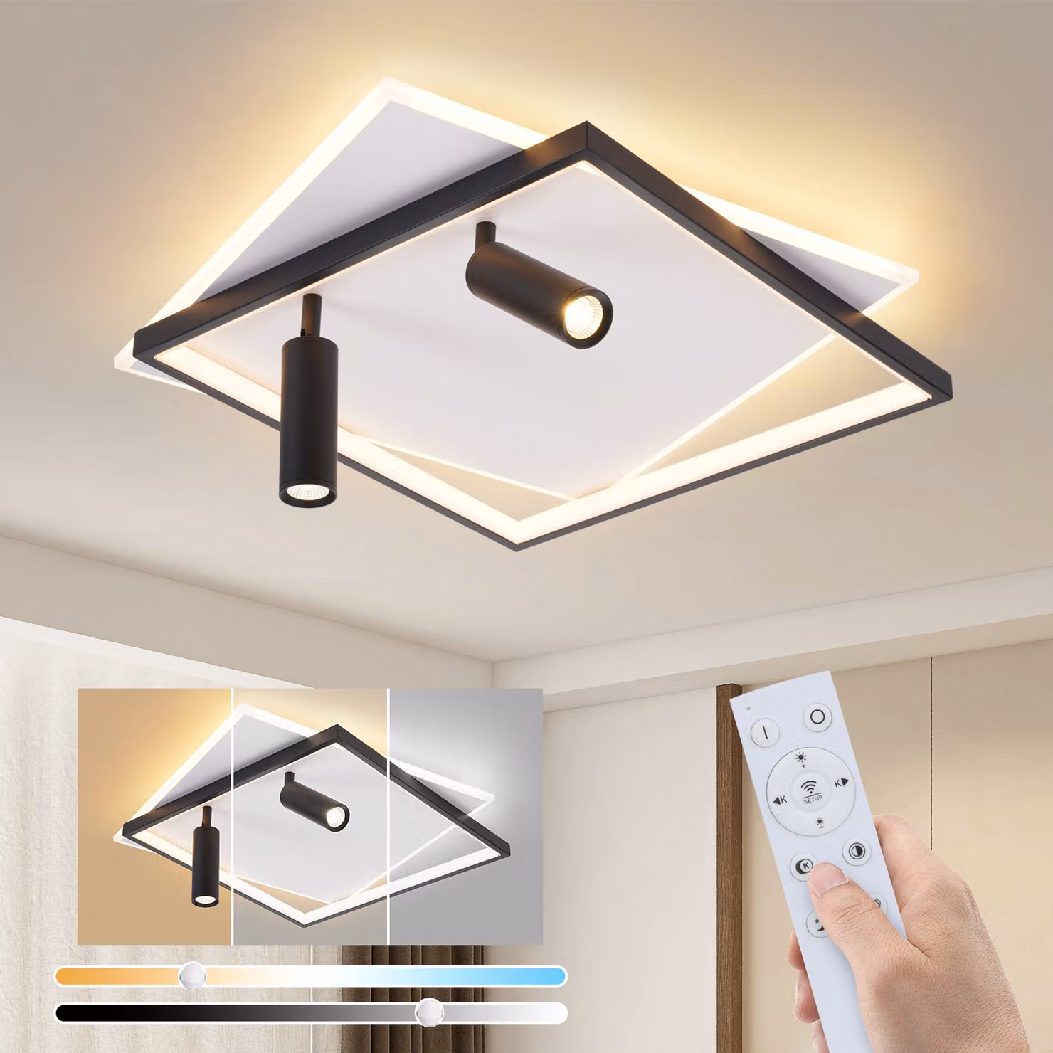 ZMH lampada da soffitto Lampada LED da soffitto soggiorno 62W lampada da soggiorno dimmerabile con 2 faretti da soffitto nero con telecomando Lampada moderna acrilica da camera da letto lampada da cucina per casa galleria appartamento