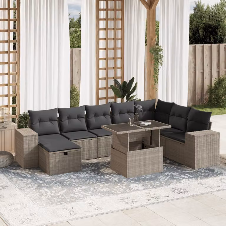 vidaXL Set Divano da Giardino 9pz a Forma di L in Polyrattan Grigio con Cuscini e Tavolino