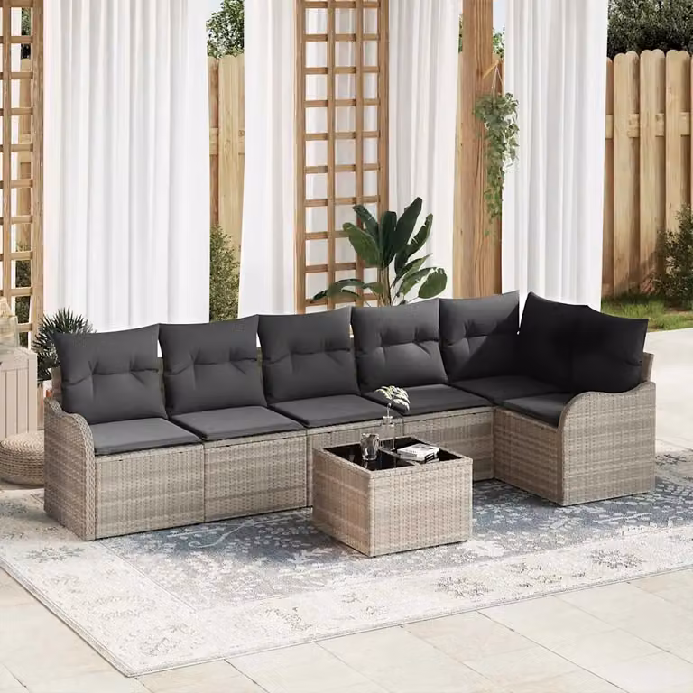 Set Divano da Giardino a L vidaXL in Polyrattan Grigio con Cuscini e Tavolino da Esterno