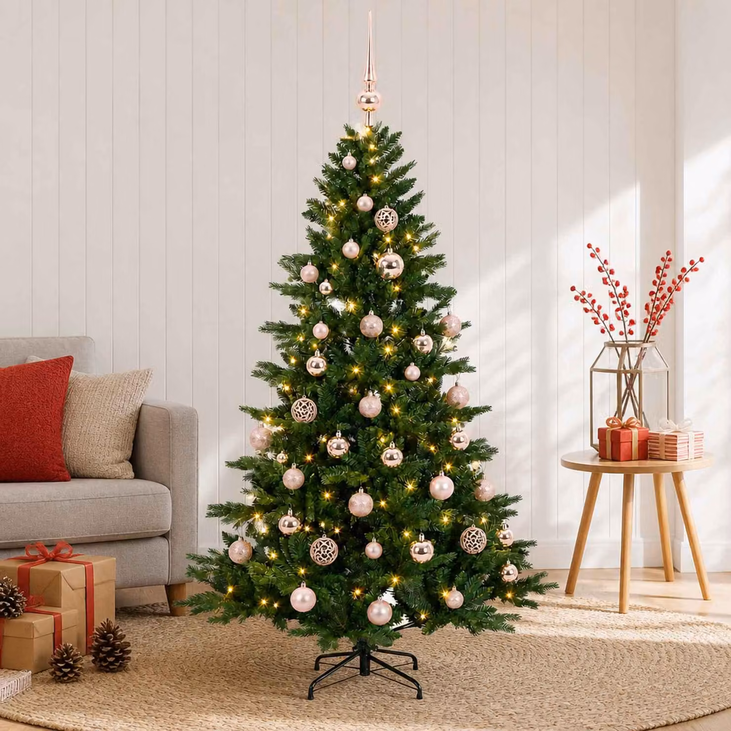 Albero di Natale artificiale con decorazioni natalizie, altezza 150 cm, 150 luci LED