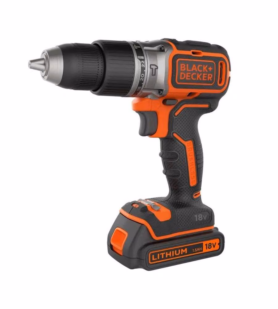 Trapano avvitatore a percussione a batteria Black+Decker 18V arancione con 2 batterie ricaricabili da 2.0Ah – 2