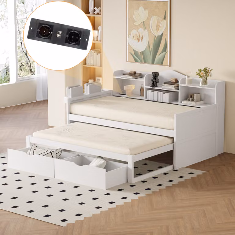 Divano letto STILVORA 90x200/190cm con letto estraibile, letto per ragazzi con presa USB e due cassetti, ampio vano portaoggetti, bianco (senza materasso)