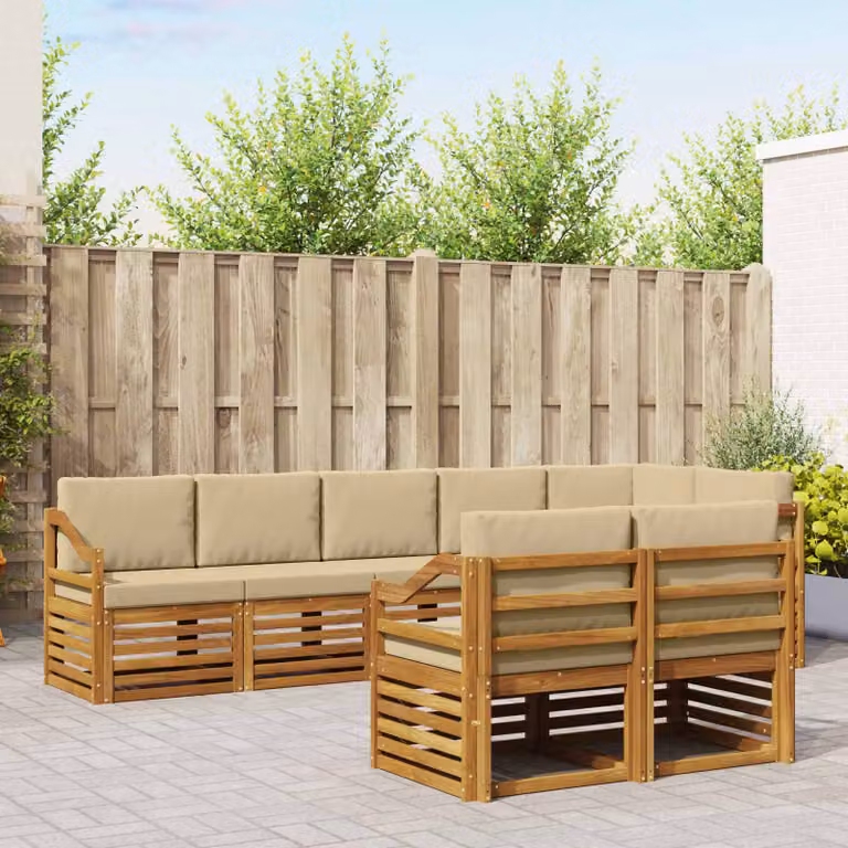 vidaXL Set di divani da esterno 8 pz in legno di acacia e poliestere beige e marrone con cuscini inclusi