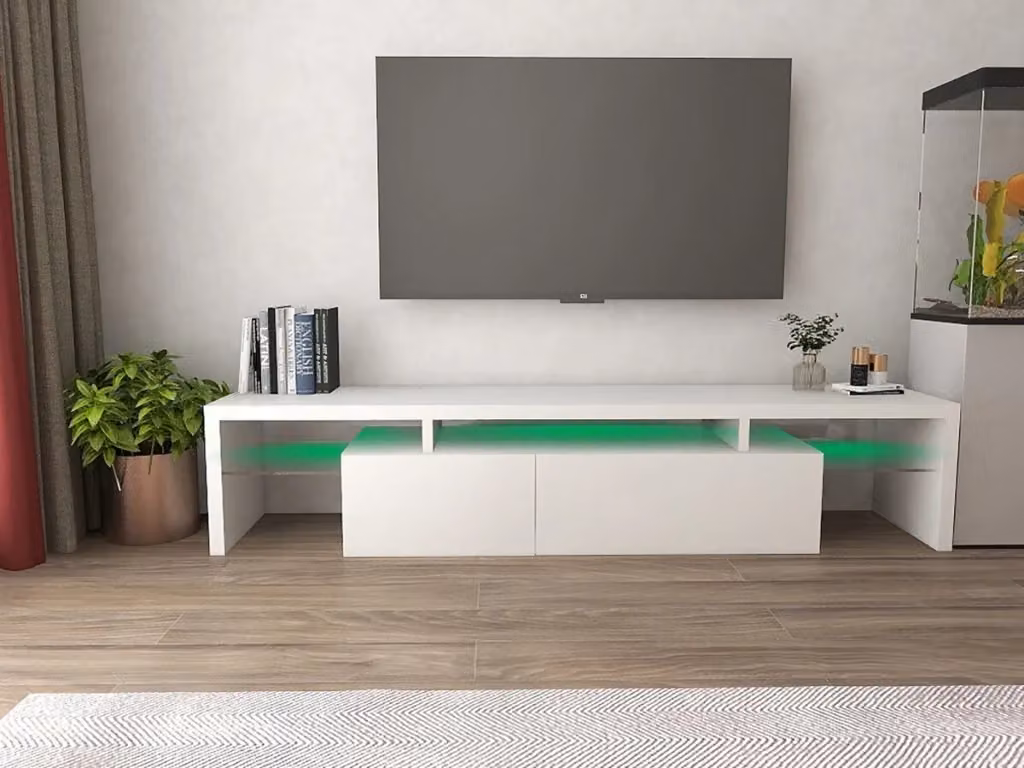 Mobile TV Tina Habitat laccato bianco con illuminazione LED integrata e dettagli in vetro L: 187,5 cm, P: 34 cm, H: 38 cm – 2