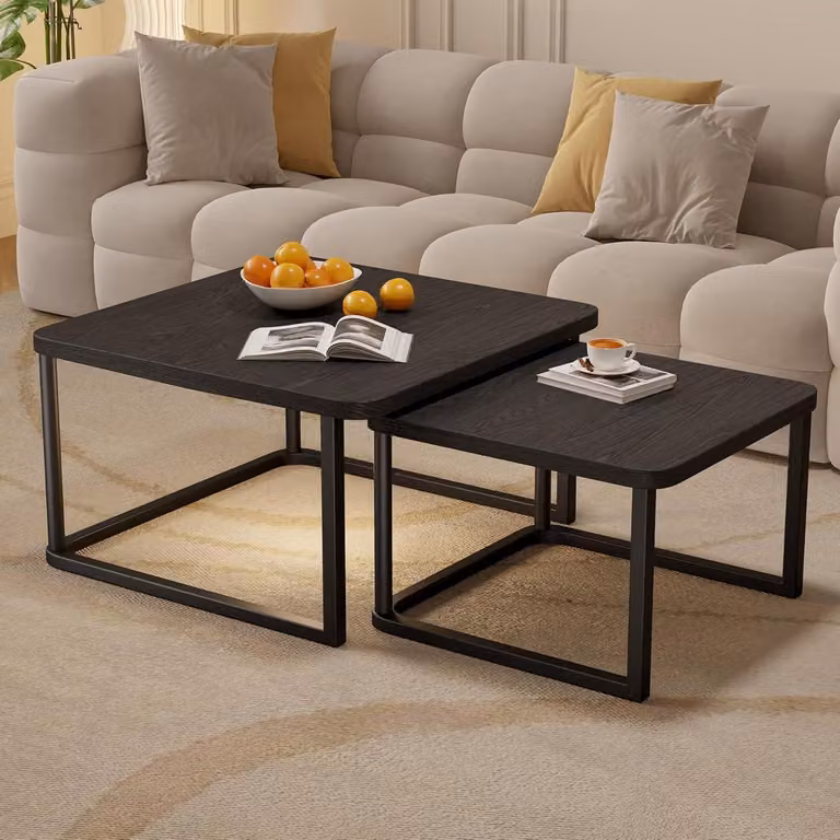 Tavolino da caffè, set di 2 pezzi, forma rotonda, struttura in metallo nero, piano in legno, dimensioni 60x60 cm e 45x45 cm