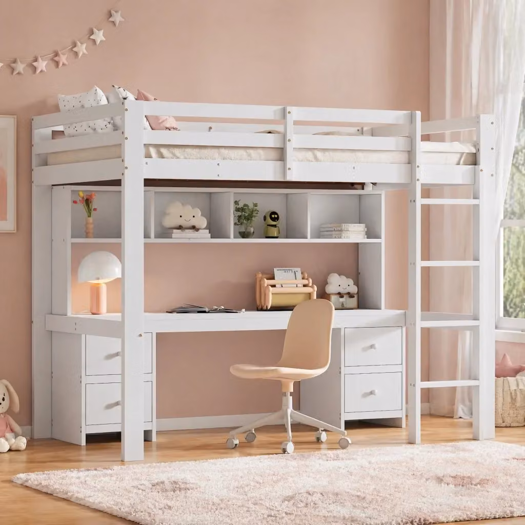 Letto a soppalco REDOM per bambini in legno di pino bianco con scrivania e cassetti L/P/H: 204 x 90 x 167 cm – 2