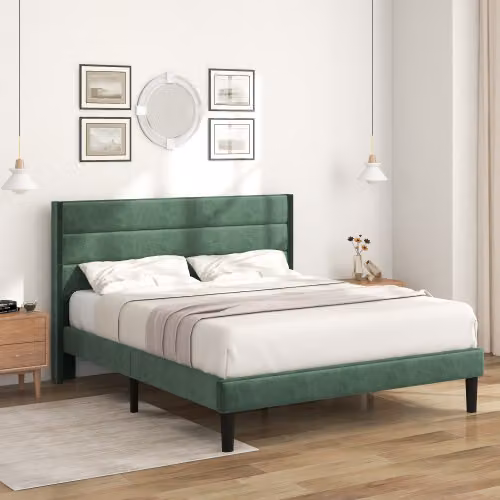 Letto imbottito Sweiko 140x200cm con rete a doghe, testiera e tessuto in velluto, per camera da letto - verde scuro