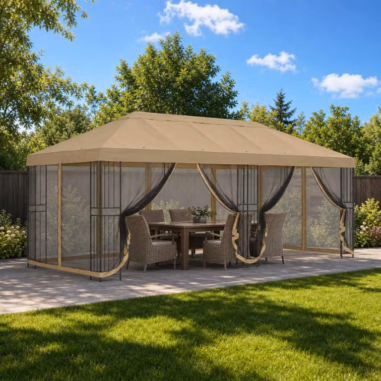 Gazebo vidaXL con pareti laterali in poliestere e acciaio beige L: 600 cm, P: 300,5 cm, H: 276,5 cm