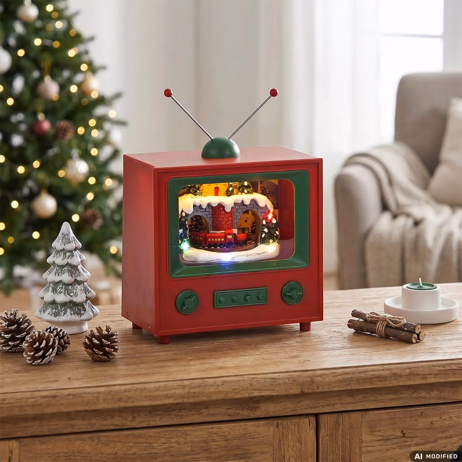 Vestiamo Casa Gran Natale Decorazione Natalizia TV Vintage con Luci LED, Movimento e Musica, Multicolore, H 18 cm x L 16 cm x P 10 cm – 2