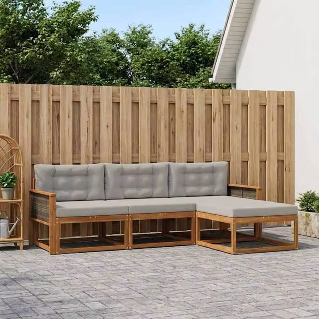 Set di divani da esterno a L con pouf vidaXL in legno di acacia, colore marrone e grigio chiaro – 1
