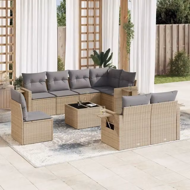 vidaXL Set Divano da Giardino 9 pz in Polyrattan con Cuscini Beige e Grigio