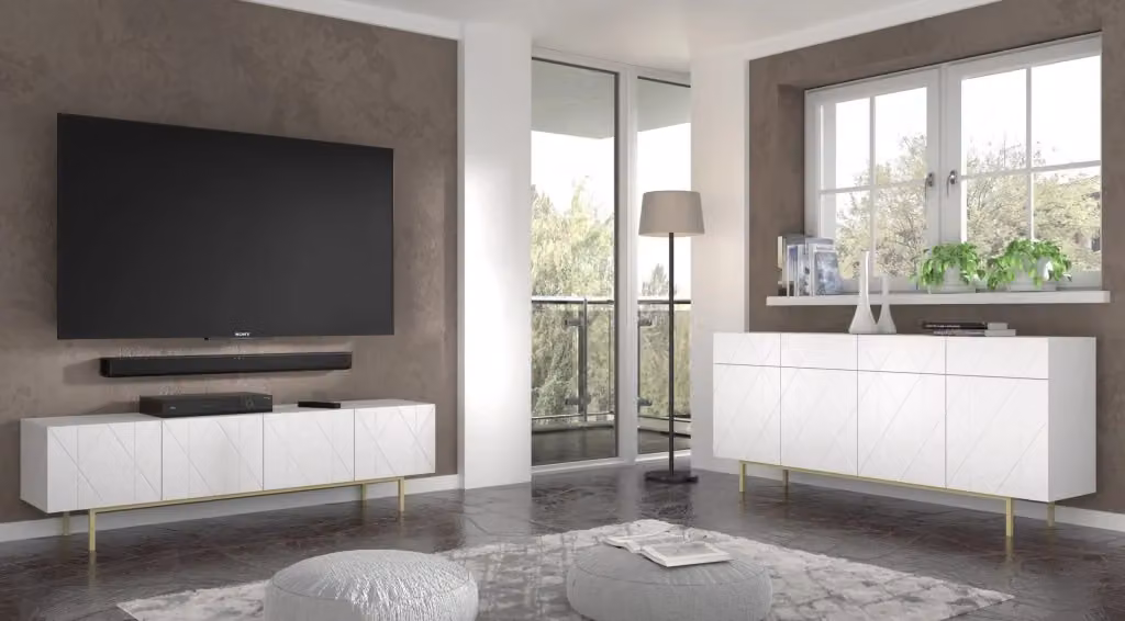 Mobile porta TV Kairo Bim Furniture Bianco Opaco con dettagli Oro L: 180 cm, P: 41,8 cm, H: 50,5 cm – 2