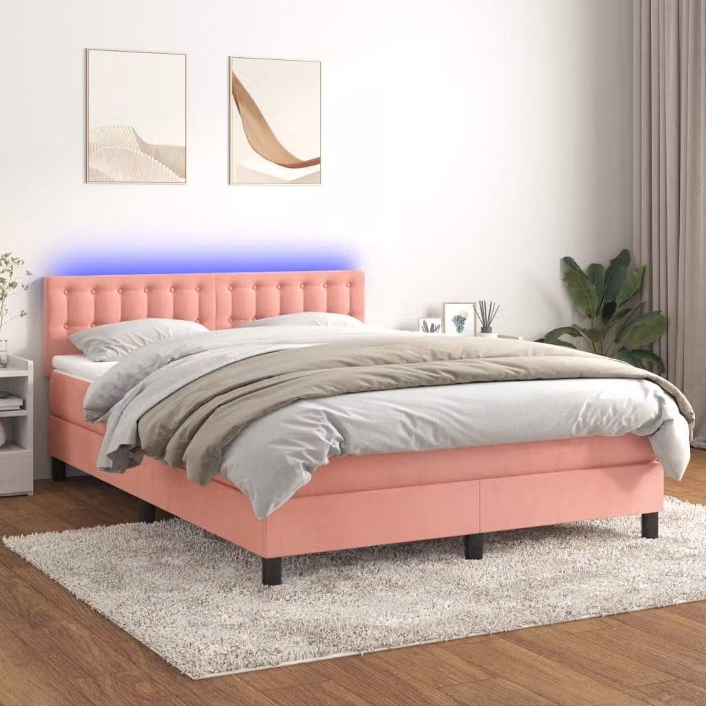 The Living Store Letto a molle con materasso e LED Rosa 140x200 cm Velluto