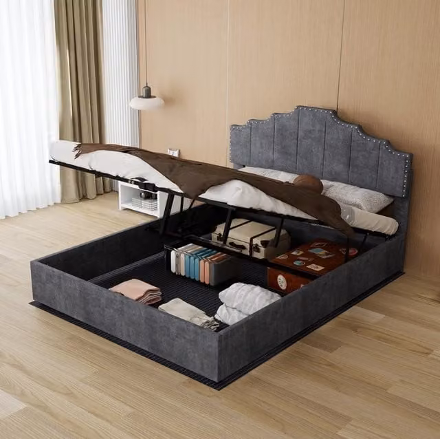 Letto 140x200 cm con rete a doghe; tessuto grigio e materasso incluso
