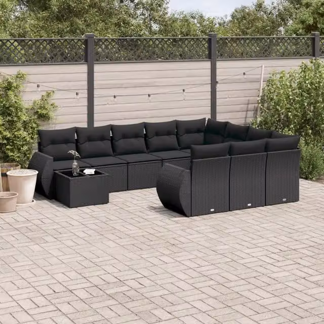 Set di Divani da Giardino a L vidaXL in Polyrattan Nero con Cuscini e Tavolino da Esterno