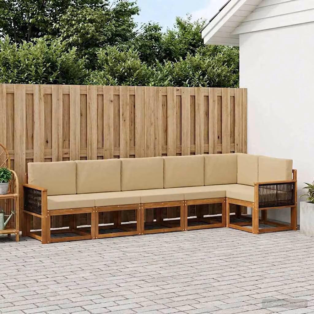 Set di divani da esterno vidaXL a forma di L composto da 6 pezzi in legno di acacia con cuscini beige e sabbia