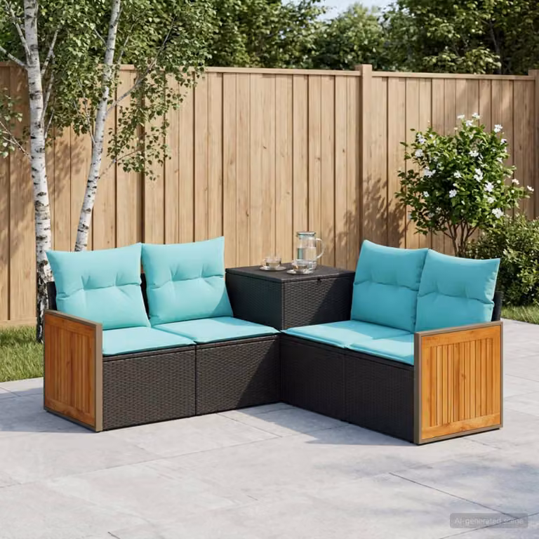 Set di divani da giardino vidaXL a forma di L con cuscini, nero e blu turchese in rattan sintetico e acciaio verniciato a polvere