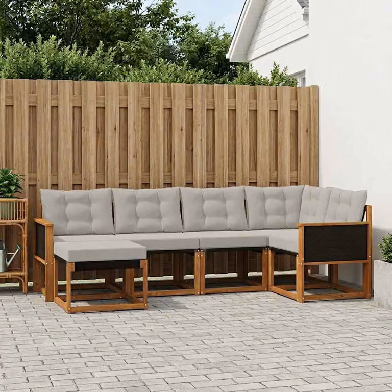 Set di divani da esterno vidaXL a forma di L composto da 6 pezzi in legno di acacia con cuscini inclusi, colori beige, grigio e marrone