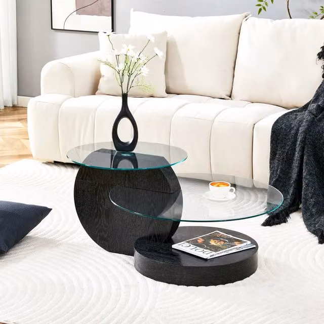 Tavolino da caffè moderno WISHDOR in vetro trasparente e MDF nero con design minimalista a più livelli e angoli arrotondati