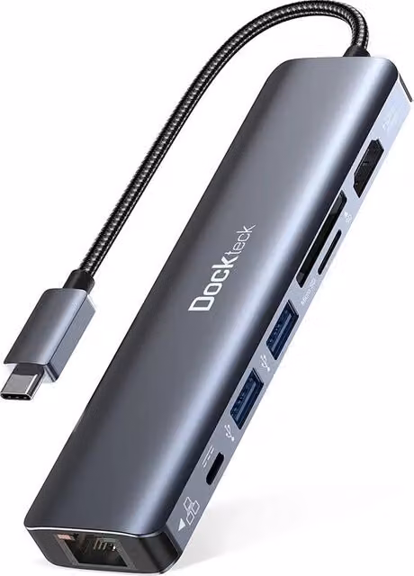 Dockteck Hub USB-C con HDMI 4K UHD, Ethernet LAN 1GbE e porte USB-A, Grigio