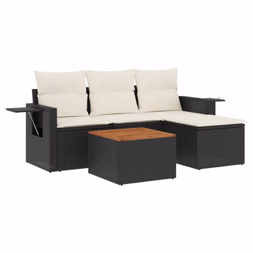 vidaXL Set Divani da Giardino a L 5 Pezzi in Polyrattan Nero con Cuscini e Tavolino da Caffè – 2