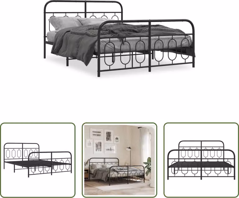 The Living Store Struttura letto con testiera e pediera in metallo nero 140x190 cm