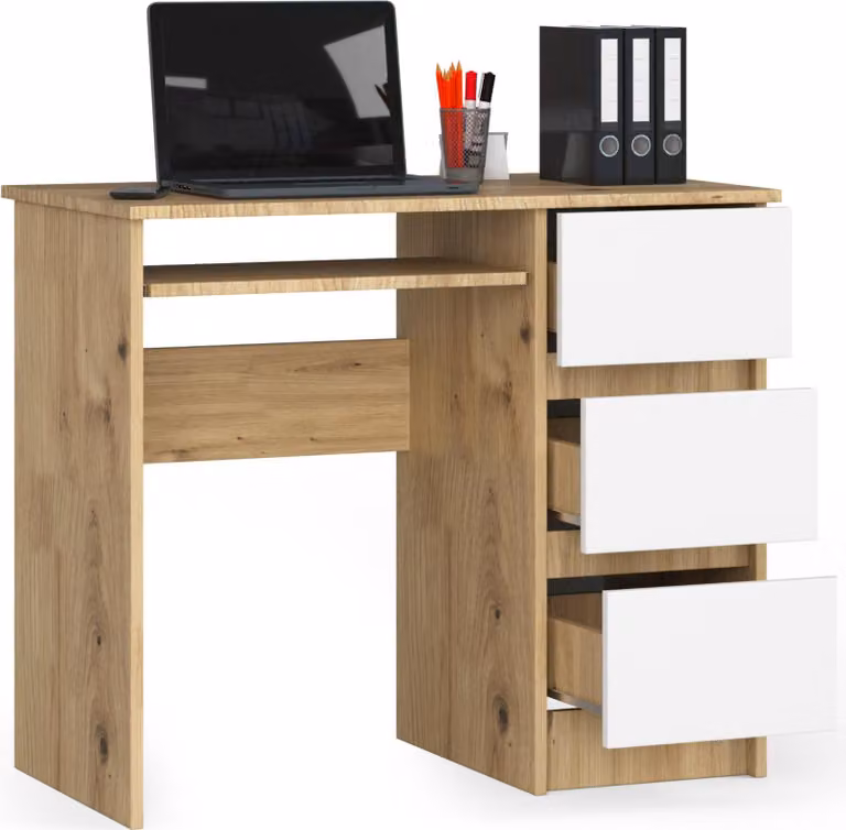Scrivania da 90 cm con 3 cassetti e ripiano estraibile per tastiera; scrivania per computer, scrivania da lavoro