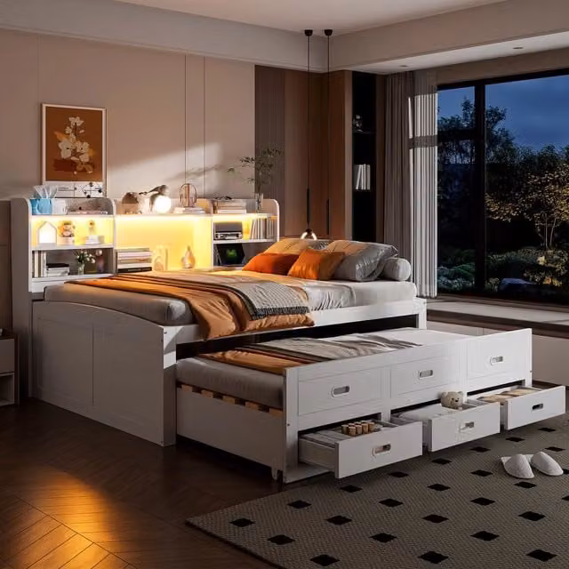 Divano letto 140x200 cm con LED, 3 cassetti, ripiano comodino, letto estraibile multifunzione con USB e Tipo-C, senza materasso - Bianco