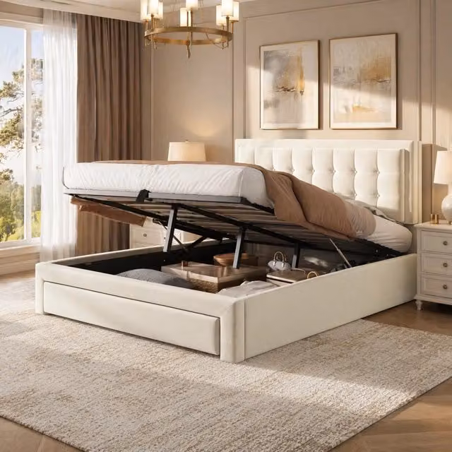 Letto imbottito 140x200 cm con contenitore idraulico e 2 cassetti in velluto beige