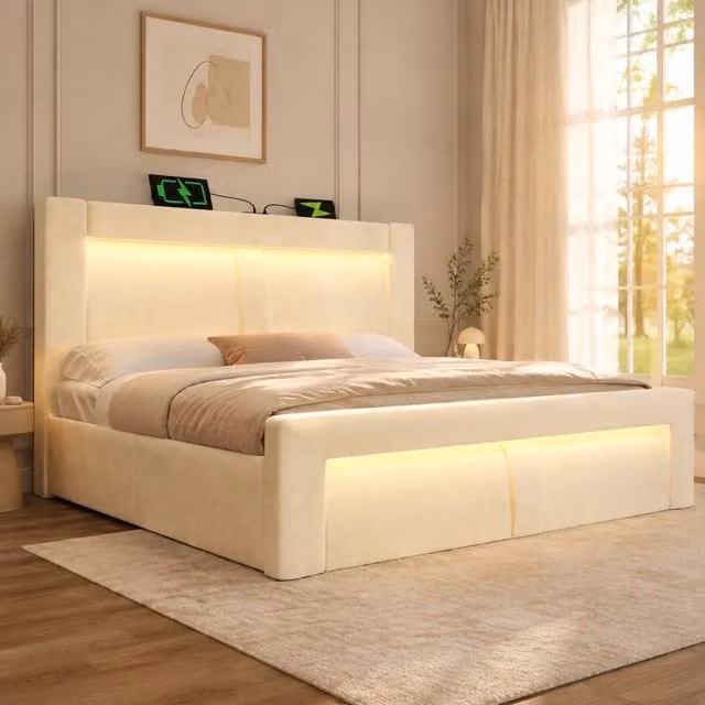 Letto matrimoniale 160x200 cm con contenitore, illuminazione LED con controllo app, porte USB e Type-C, testiera in velluto beige curva, senza materasso