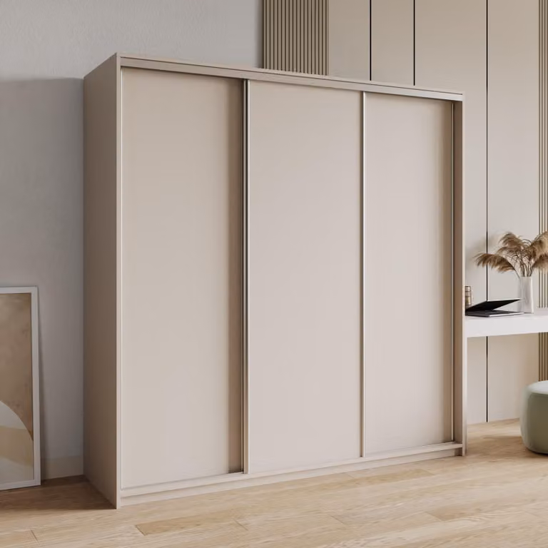 Armadio scorrevole Masseno NISSE 180/205/60 cm Armadio con 4 cassetti Armadio per camera da letto a 3 ante Cashmere