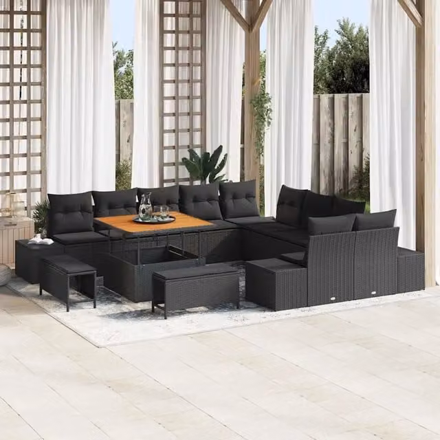 Set Divano da Giardino vidaXL a forma a U in Polyrattan Nero con Cuscini e Tavolino da Caffè