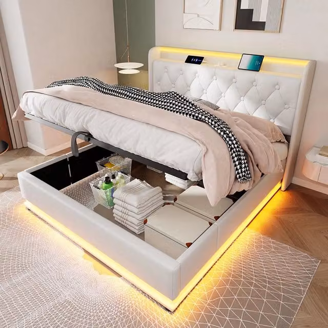 Letto a cassapanca per adulti - Xylo - 140x200 cm - Beige - USB Type-C, controllo app
