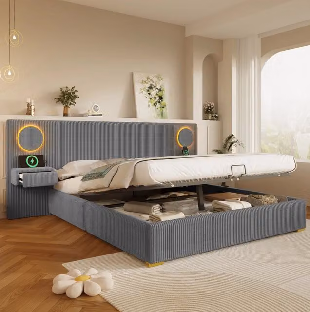Letto matrimoniale imbottito ULEVR 180x200 cm con contenitore idraulico, LED, USB e comodini laterali grigio