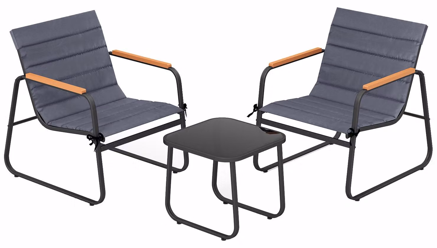 Set di mobili da balcone KOMFOTTEU, composto da 3 pezzi: 2 sedie e un tavolo. Set di mobili da giardino con cuscini removibili, schienale inclinato, piano in vetro e struttura in metallo. Piccolo set di sedute per terrazza e balcone, colore grigio