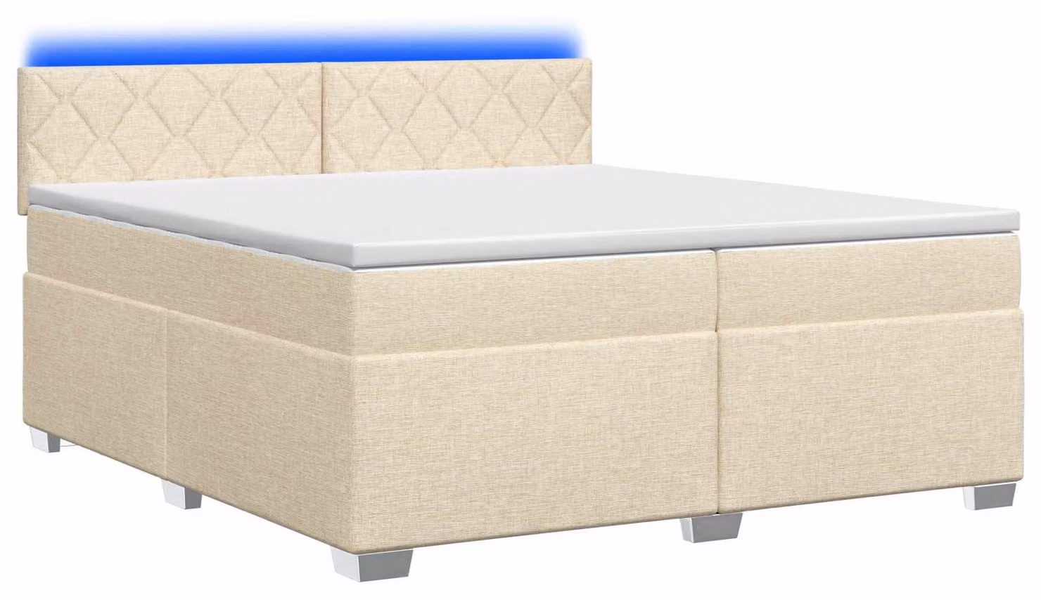 Letto con boxspring, materasso e illuminazione LED, colore crema, dimensioni 200 x 200 cm, rivestito in tessuto