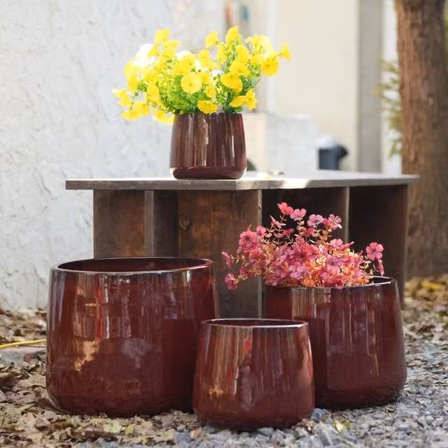 Set di 4 fioriere OKWISH in ceramica smaltata rossa con foro di drenaggio per interno e giardino