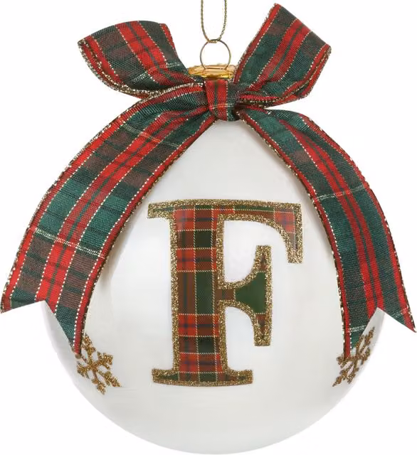 Pallina di Natale KASANOVA in vetro con lettera F e motivo tartan nei colori bianco, rosso e verde, diametro 10 cm