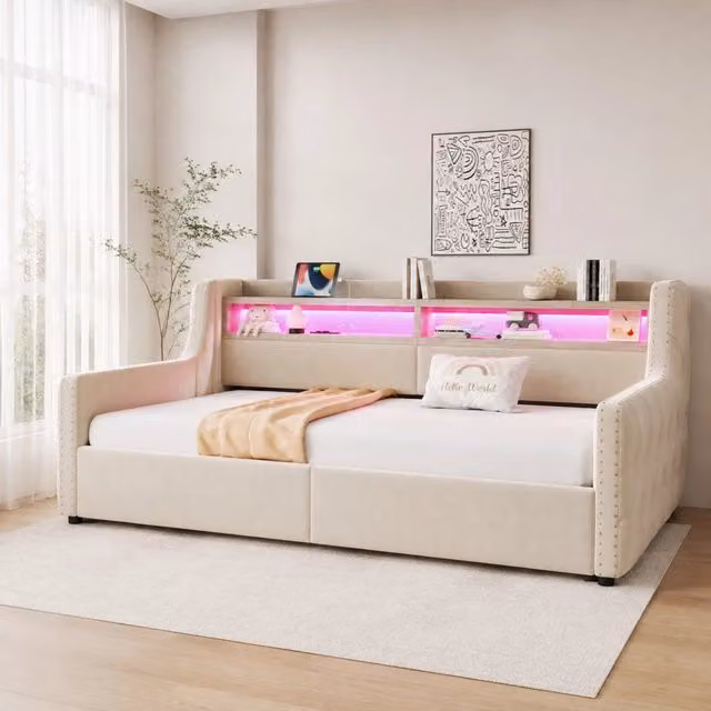 Divano letto imbottito 90x200 cm in velluto beige; LED; contenitore; USB e Type-C