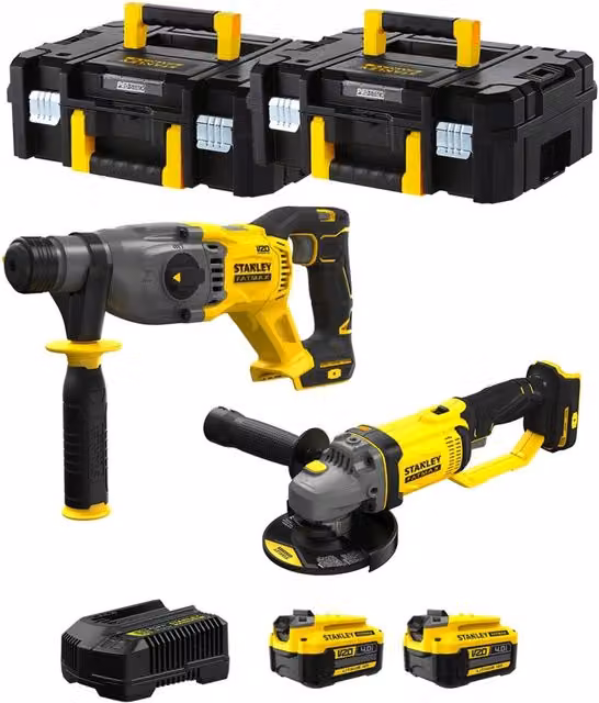 Kit Stanley FatMax V20 SVK203 Nero con SFMCH900, SFMCG400, 2 batterie da 4,0 Ah, caricabatteria e 2 contenitori TSTAK II