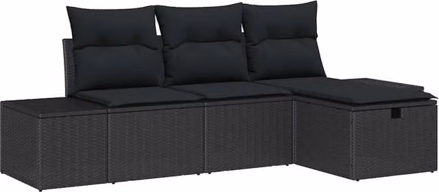 Set Divano da Giardino con cuscino 4 pz | Set Salotto da Giardino Nero Poly Rattan