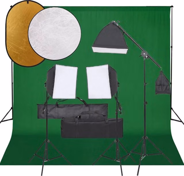 Kit per studio fotografico professionale con illuminazione LED, fondale e riflettore nero in alluminio e metallo