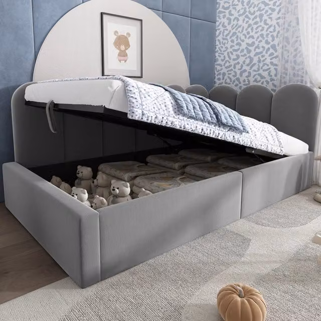Letto singolo imbottito 90 × 190 cm con vano contenitore idraulico in velluto grigio e rete a doghe metallica