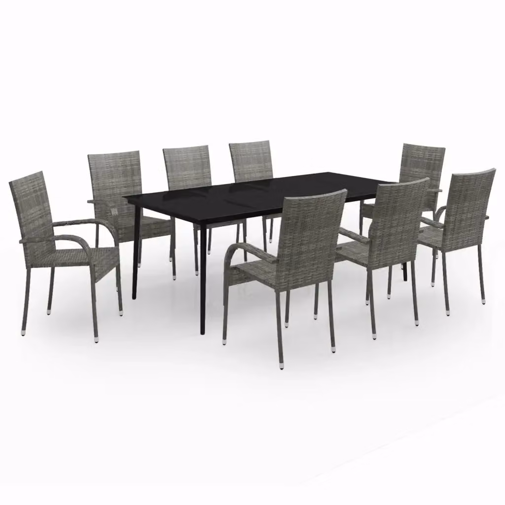 Set da pranzo da giardino vidaXL in polyrattan con tavolo in vetro e 9 pezzi in grigio e nero – 2