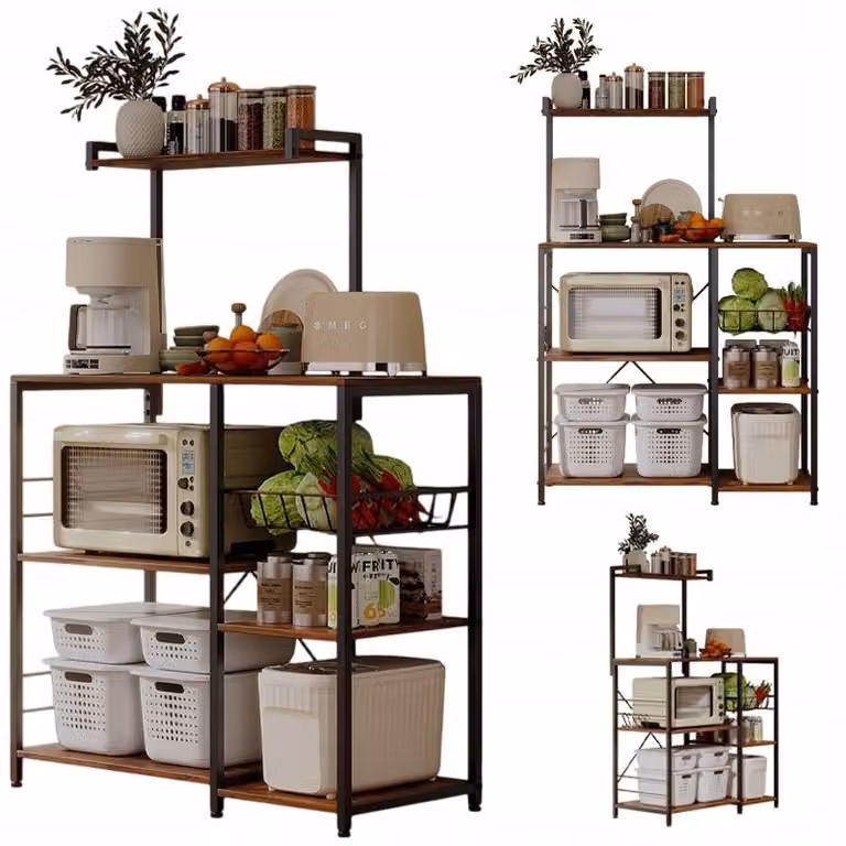 Scaffale da cucina per microonde, mobile con 5 ripiani, marrone scuro, stile rustico