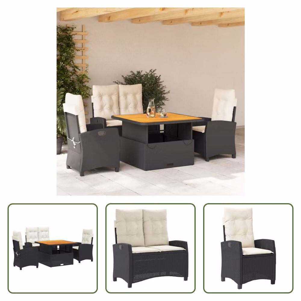 The Living Store Set da pranzo da giardino 4 pezzi con cuscini in poly rattan nero