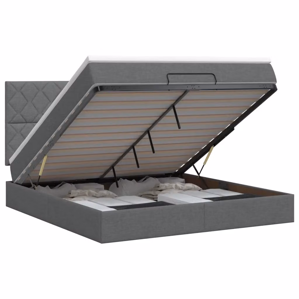 Letto ottomano moderno vidaXL con contenitore a sollevamento, struttura imbottita in tessuto grigio e bianco, L/P/H: 200 x 140 x 88 cm – 2