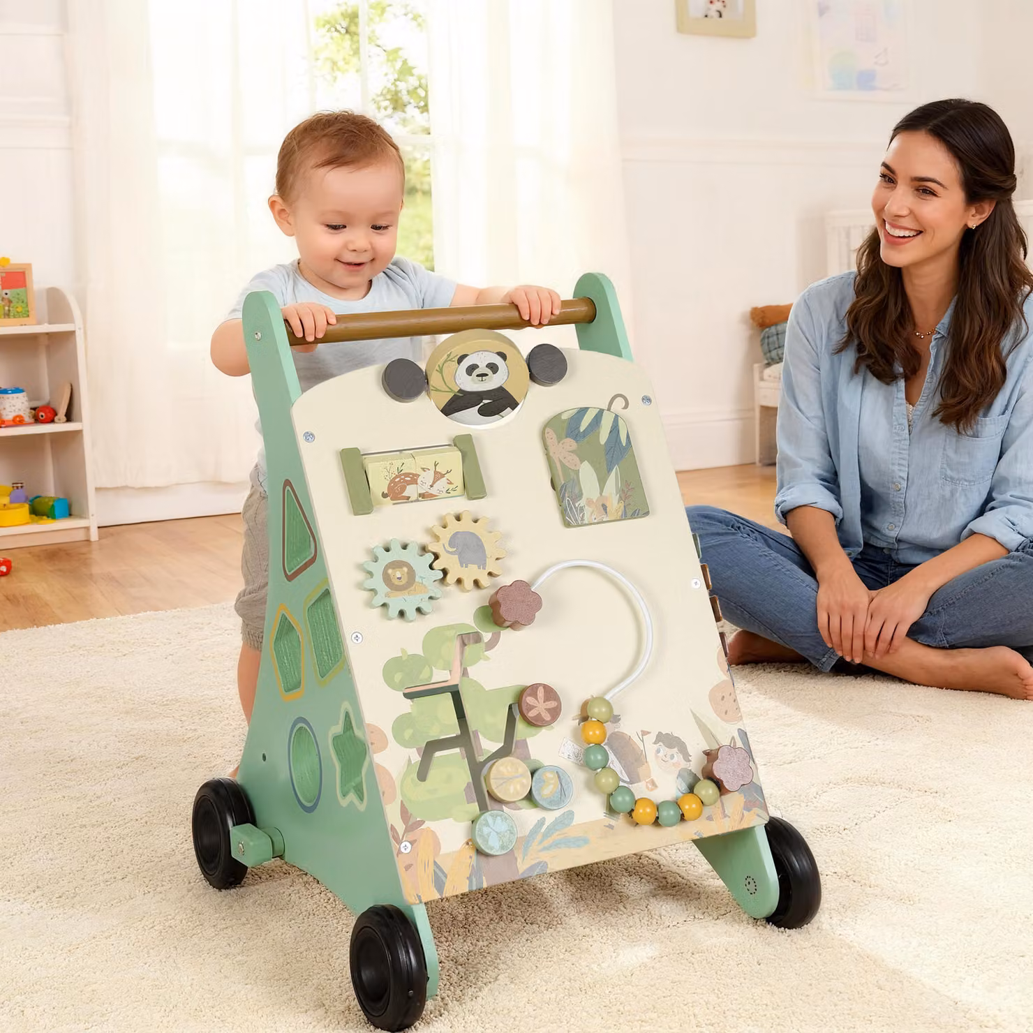 Carrello Primi Passi AIYAPLAY in Legno con Freno Regolabile per Bambini dai 18 Mesi in Colore Verde – 2