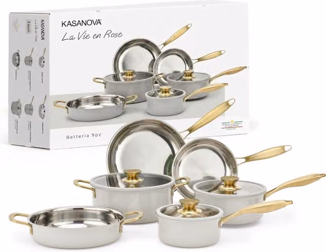 Set di pentole e padelle KASANOVA La Vie en Rose in acciaio inossidabile e alluminio, 9 pezzi, grigio chiaro e oro